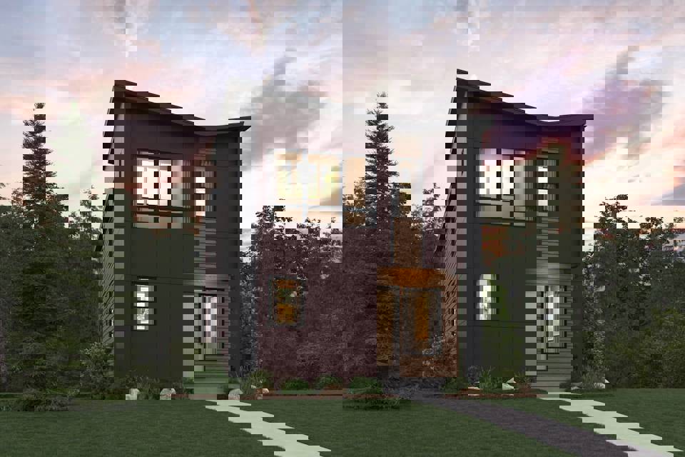 A house with a lawn and trees around it.
