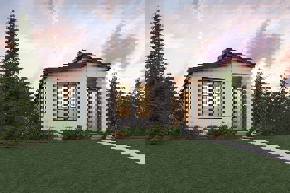 A house with a grass yard.