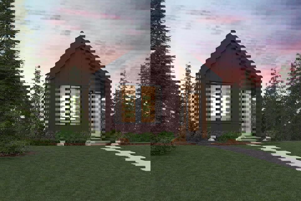 A house with a lawn and trees.
