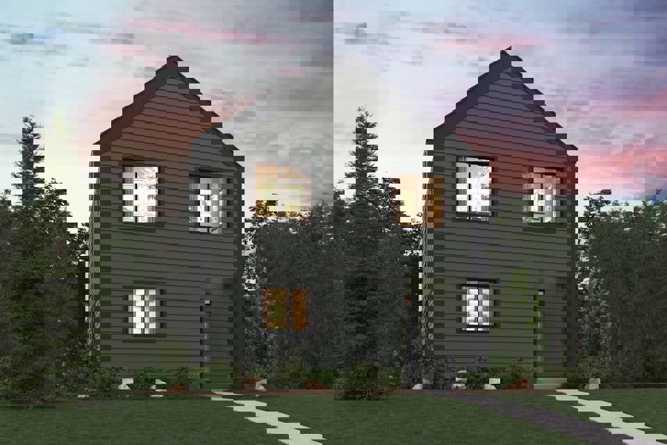 A house with trees around it.