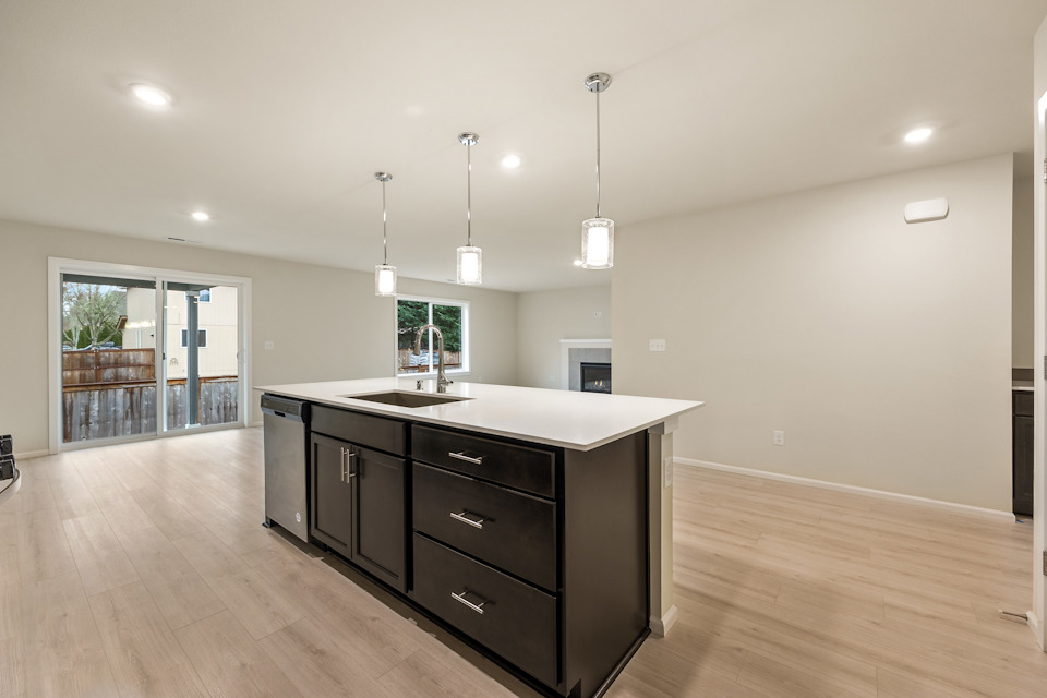 A kitchen with a large island.