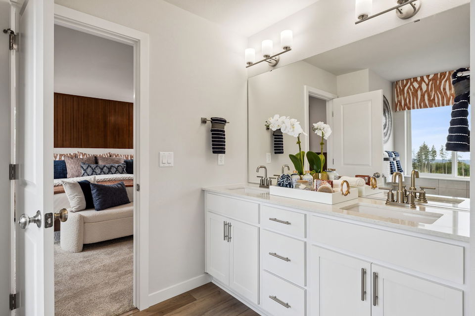 A bathroom with a tub sink and a bed.