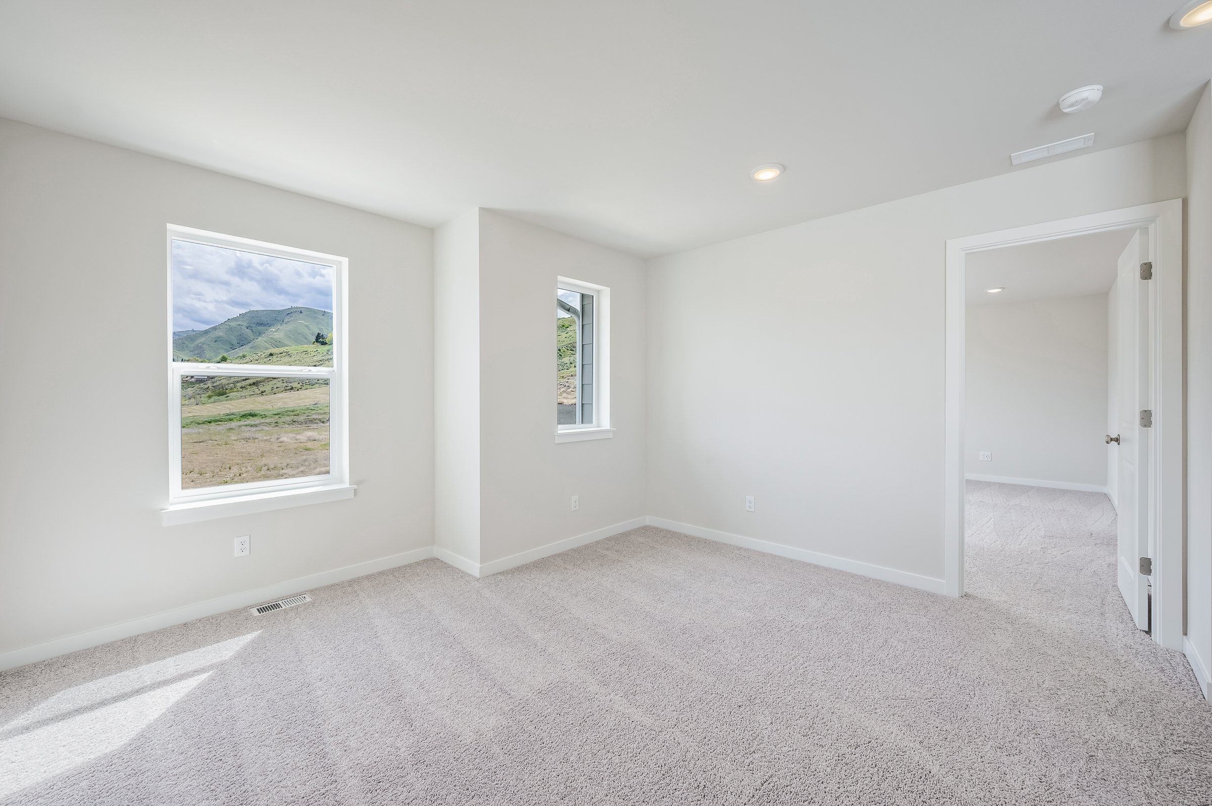A room with a carpet and windows.