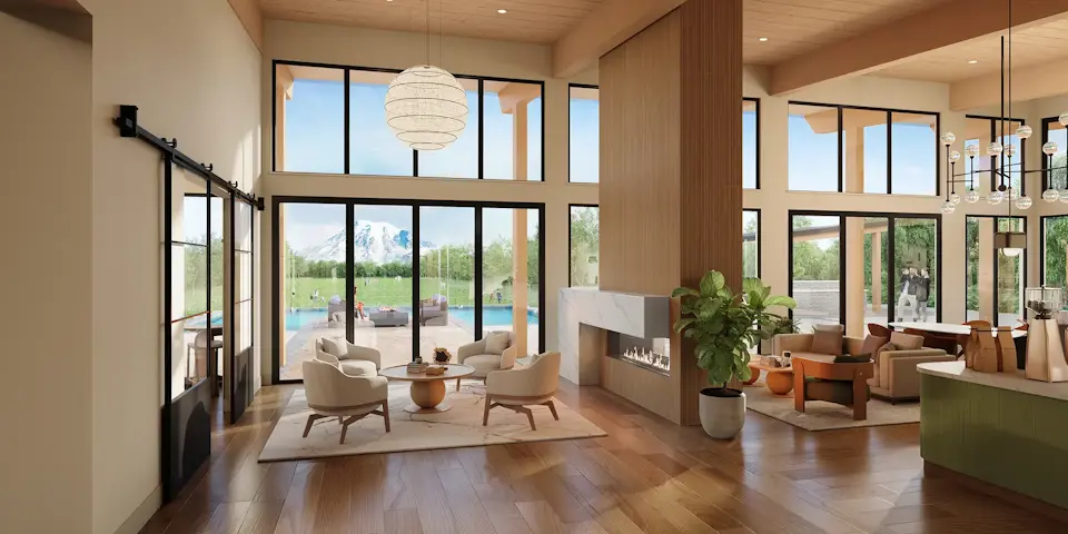 A room with a fireplace and chairs.