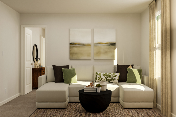 A living room with a couch and a coffee table.