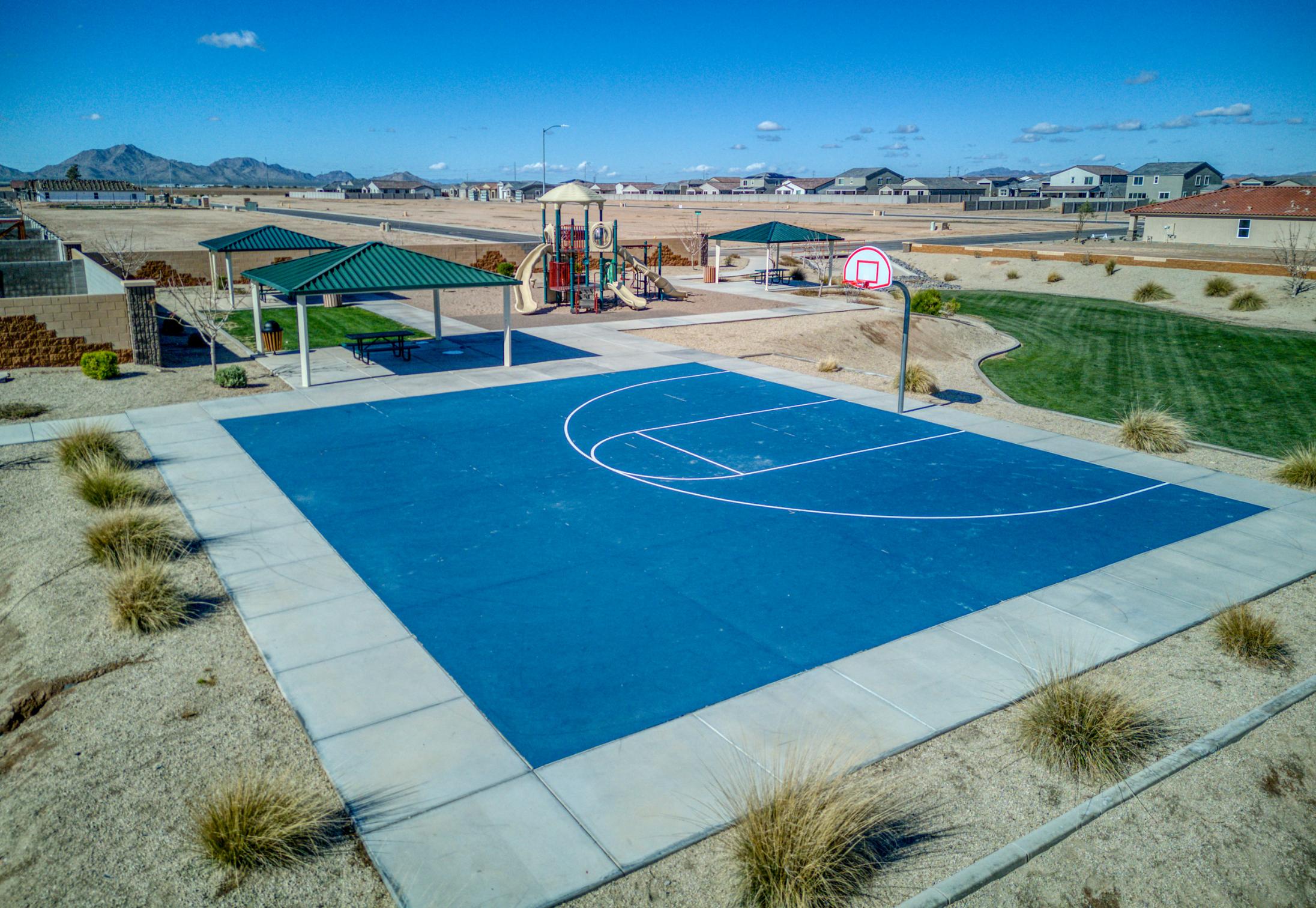 A swimming pool in a desert.