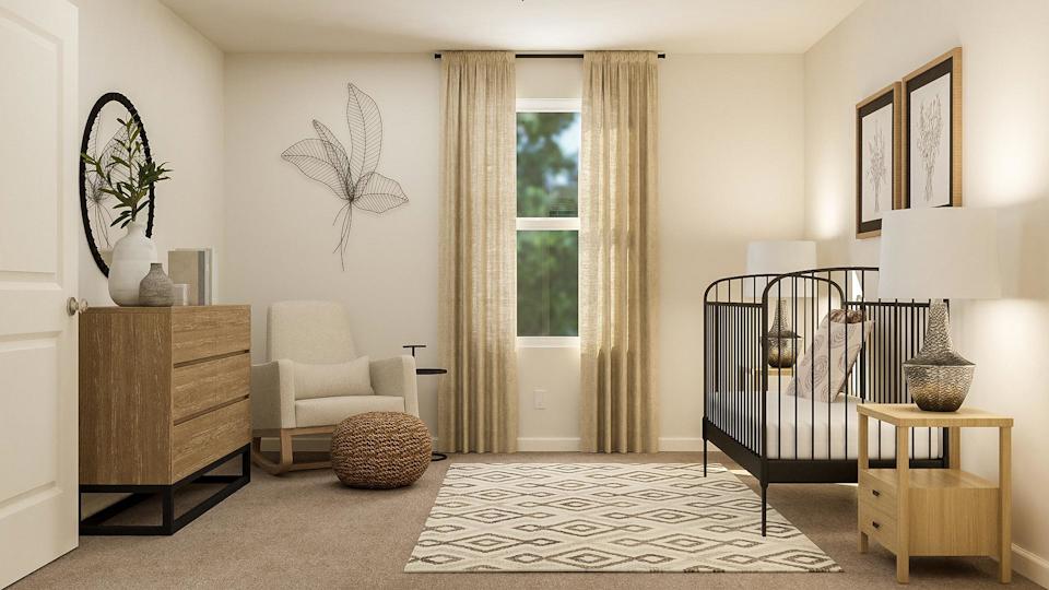 A room with a bed and a chair.