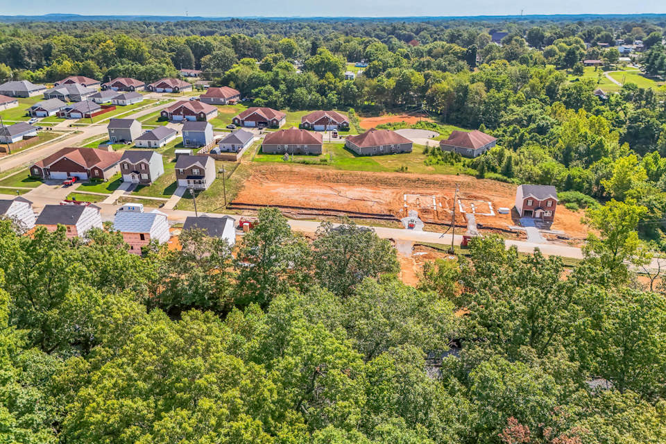 A group of houses surrounded by trees.