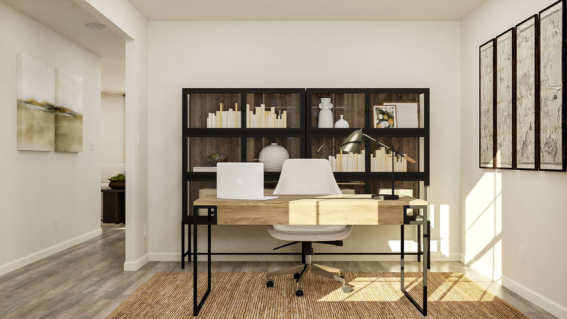 A room with a desk and shelves.